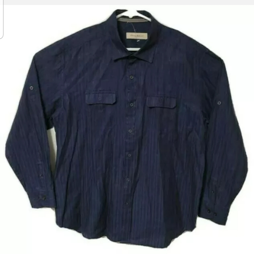 Tommy Bahama men's dark blue long sleeve button up shirt size xl linen cotton